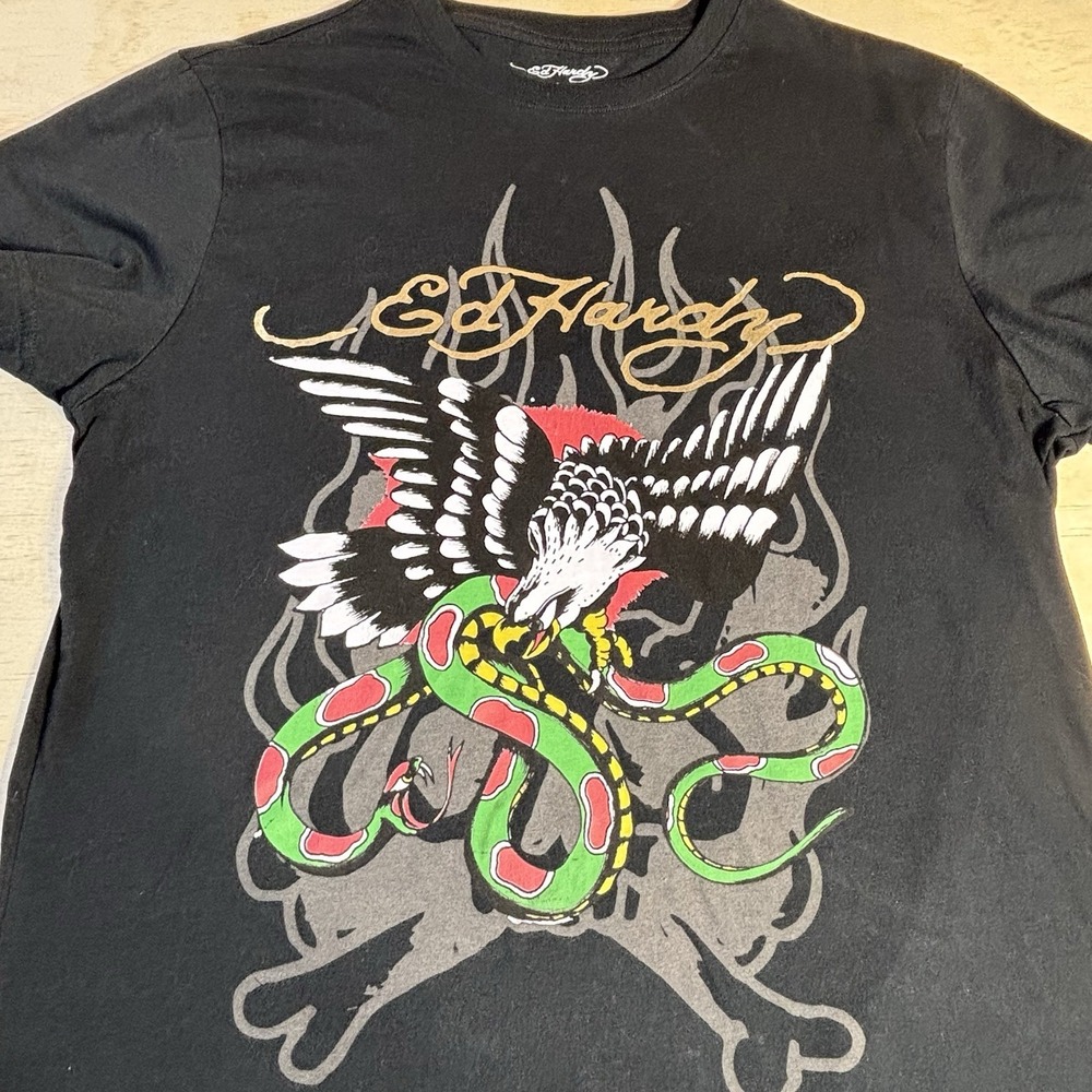 ED HARDY Tattoo, Eagle and Snake Black T-Shirt Size Large 2-Sided